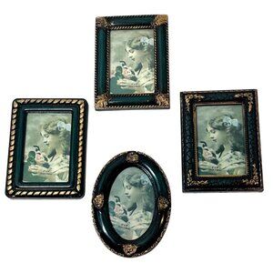 Vintage-Inspired Gold & Green Miniature Photo Frames Set Of 4 With Ornate Detail